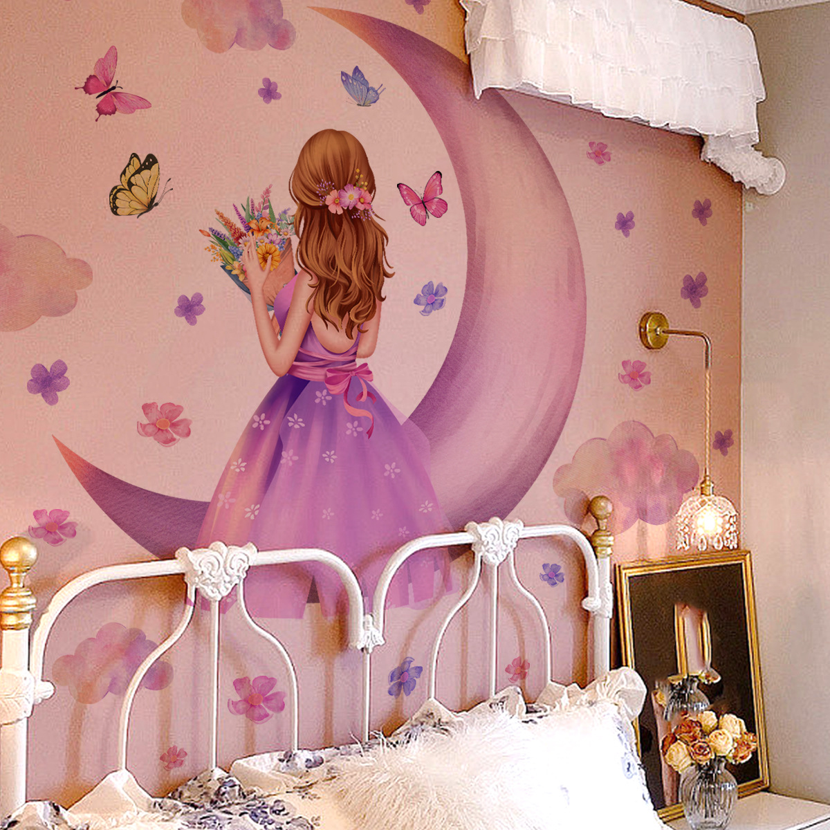 MS8618 New Moon Girl Bouquet Star Butterfly фон декоративная настенная наклейка для спальни девушки самоклеящаяся Настенная Наклейка