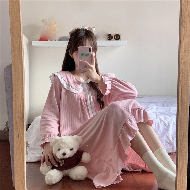 Long-sleeved pajamas new pajamas women's doll collar over the knee court fairy Korean ins style home clothes princess style women