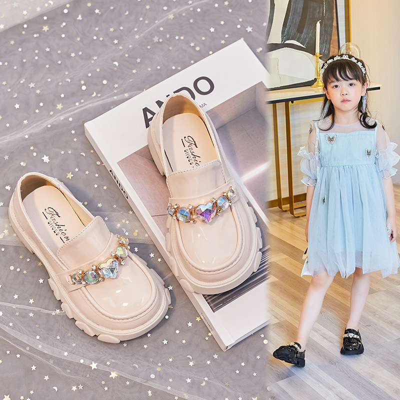 2023 Spring and Autumn New Women's Shoes Fashion Big Diamond Girls Leather Shoes Children's Princess Shoes Soft Sole Lolita Shoes