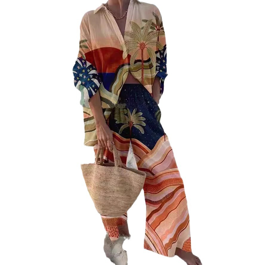 2024 cross-border Amazon AliExpress 3D digital printing fashion women's long sleeve shirt pants POD customization