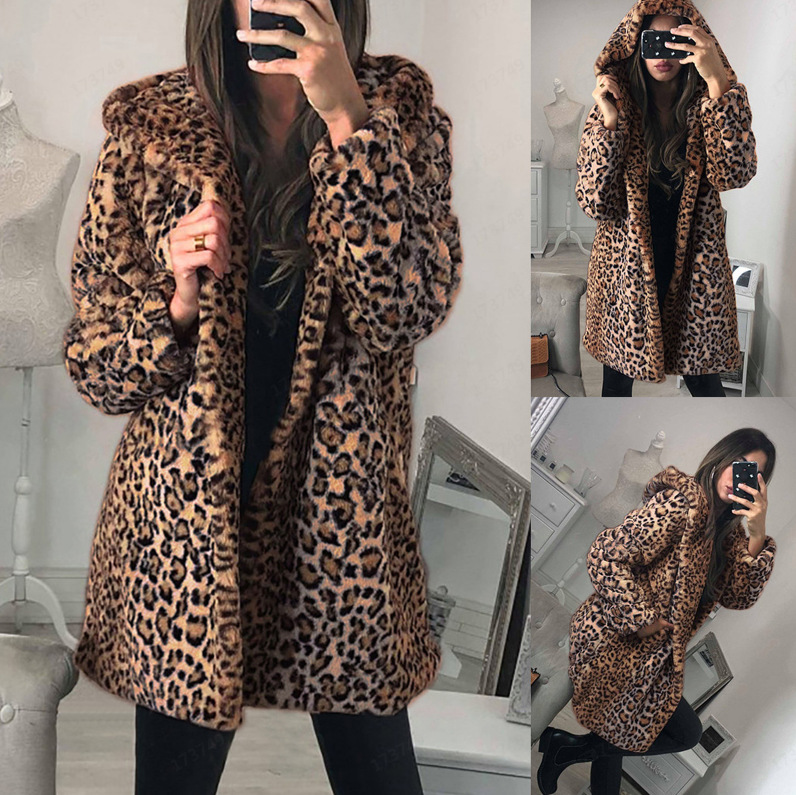 2023 Imitation Rabbit Fur Coat Parksuit Midi Women's Long Sleeve Leopard Print Imitation Fur Hooded Thickened Jacket