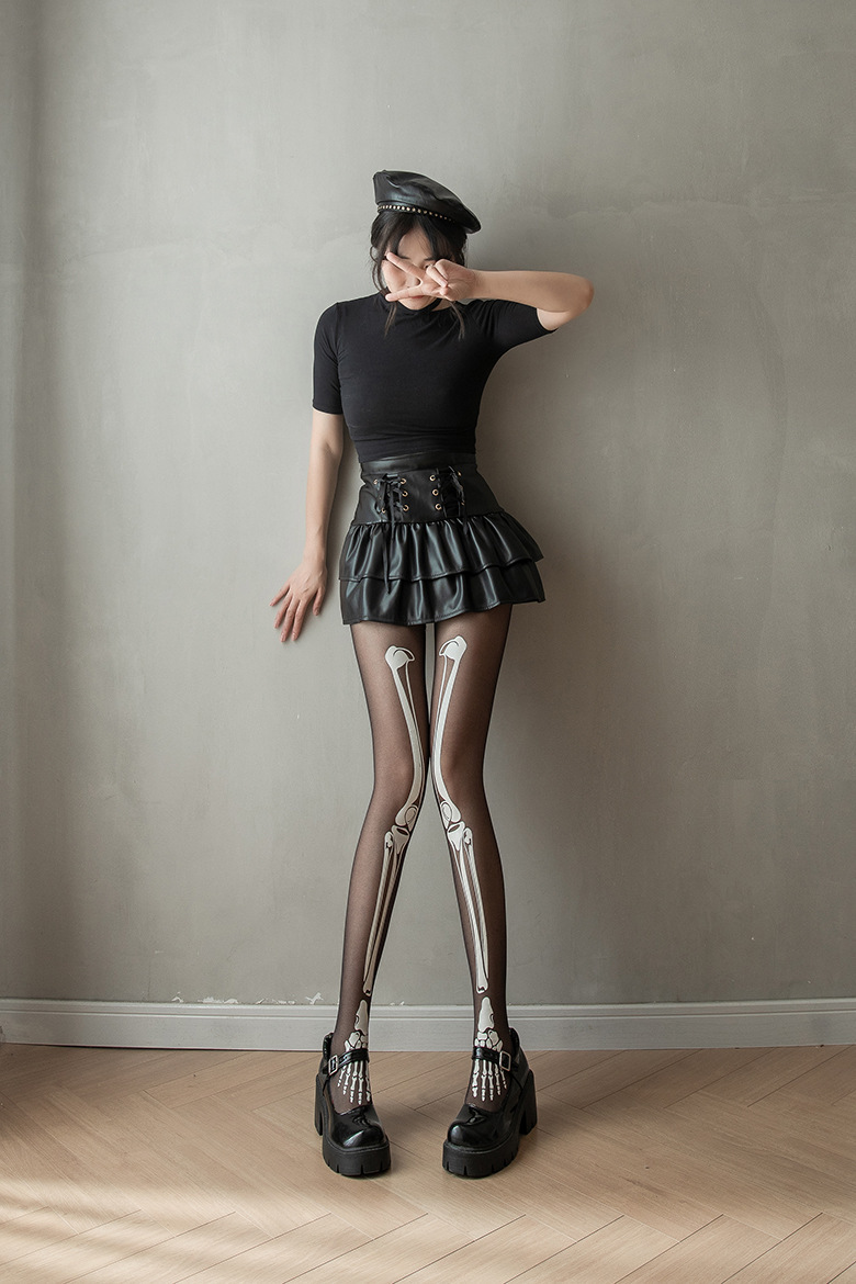 Luminous white bone stockings disco Halloween hot sale props pantyhose black luminous skull skeleton socks_voghion.com