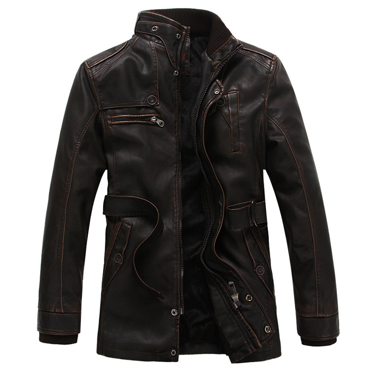 2023 autumn and winter men's mid-length slim-fit retro stand collar leather casual jacket jacket