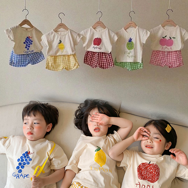 Wheat Field Season 23 Summer New South Korea Children's Suit Children's Fruit Short-sleeved T-shirt Cotton Plaid Shorts Baby suit