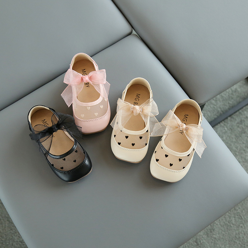 Children's Leather Shoes 2023 New Summer Girls Princess Shoes Women's Treasure Mesh Shoes Baby Black Beanie Shoes