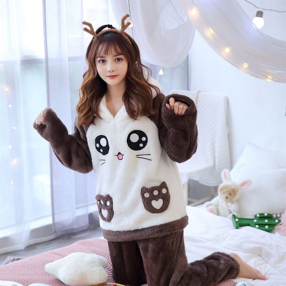 Autumn and Winter Women's Flannel Long-sleeved Pajamas Cute Plush Korean Style Thickened Winter Coral Fleece Home Clothes Set