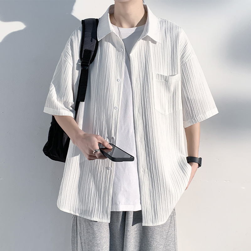 thumbnail for Ice silk shirt short sleeve men's summer thin solid color casual fashion brand handsome five-point shirt summer coat tide