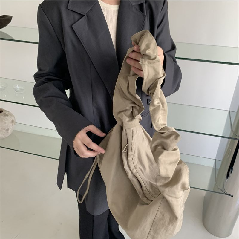 Canvas Bag Women's Korean-style Single-shoulder Pleated Drawstring Canvas Bag Small Fresh Artistic Solid Color Portable Crossbody Casual Women's Bag_voghion.com