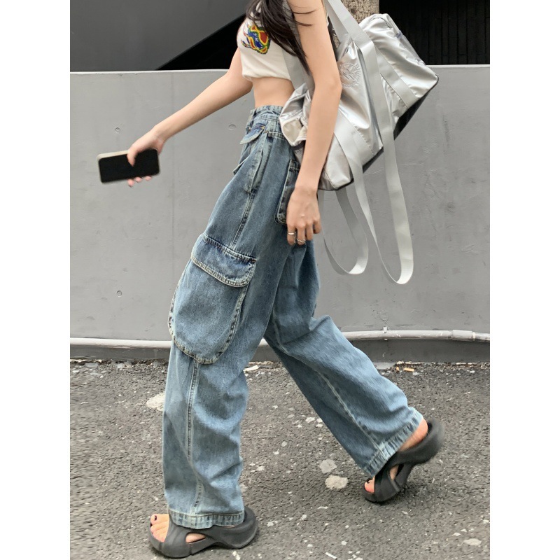 Women's Plus Size Fat Girl Tooling Jeans Loose Casual Straight Pocket Wide Leg Vintage American Style Mop Jeans