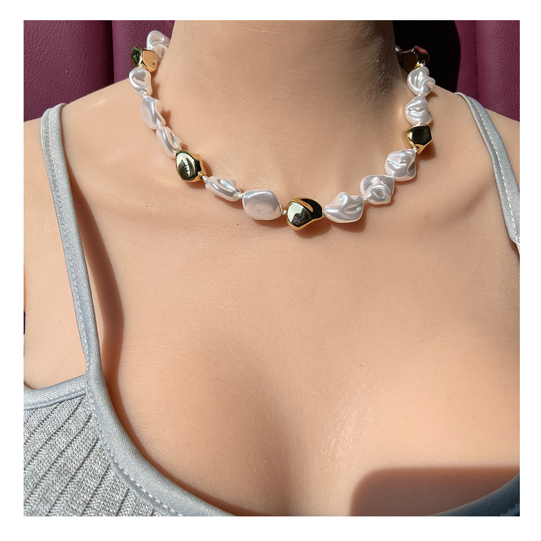 歐美跨境飾品 choker 簡約氣質異形不規則珍珠短款項鍊女 19580
