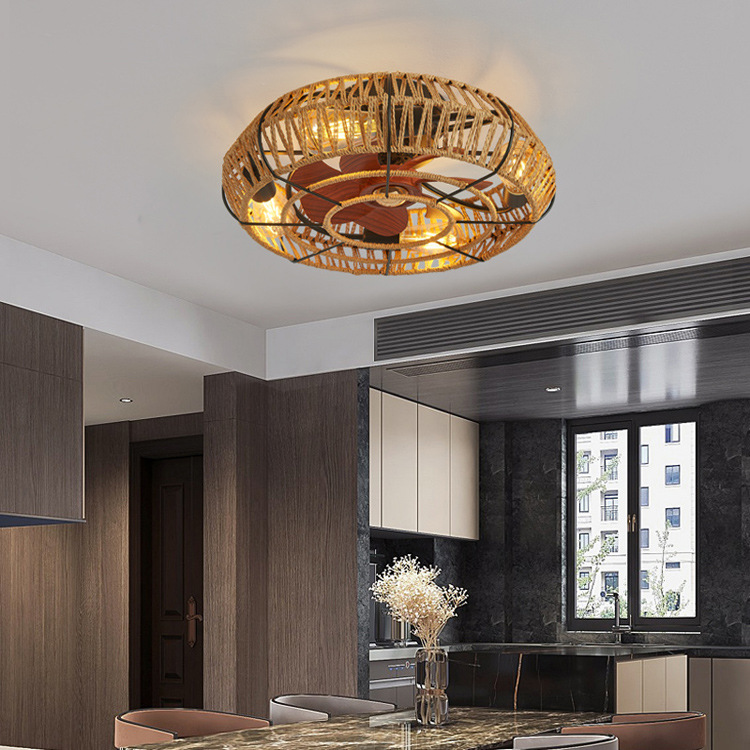 American retro fan lamp dining room living room bedroom ceiling lamp hemp rope industrial wind ceiling fan lamp cross-border exclusive
