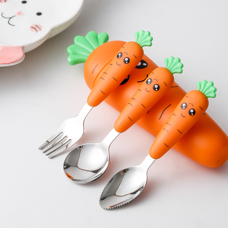 304 stainless steel spoon food grade children's tableware wholesale cute carrot spoon fork scraping mud spoon storage suit