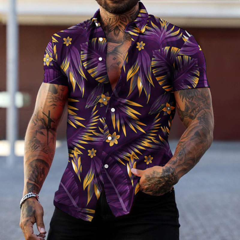 2023 Cross Border New Men's Casual Shirt Amazon Street Trendy Shirt Hawaii Beach Short Sleeve Shirt