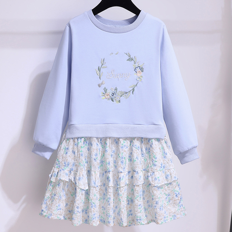 Girl's Dress Spring Long-sleeved Western Style Fake Two-piece Sweater Stitching Floral Dress Spring and Autumn Children's Princess Dress