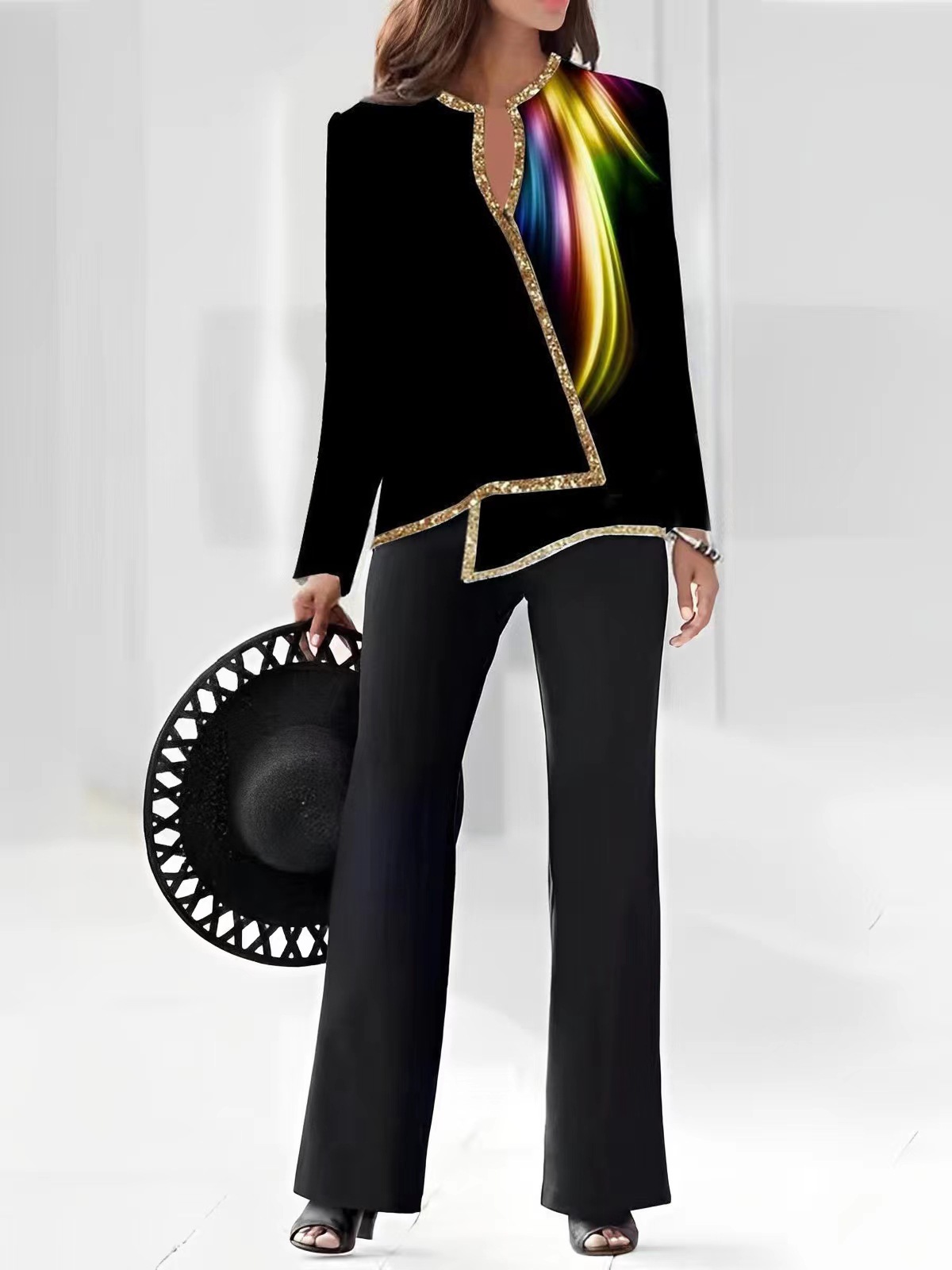2023 Summer European and American Amazon 3D Digital Printing Women's V-Neck Asymmetric Fashion Casual Shirt Pants Set