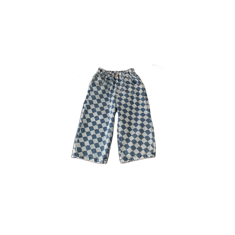 Children's casual jeans 2024 boys' spring new trousers children's Korean-style diamond Plaid Denim all-matching spring clothes