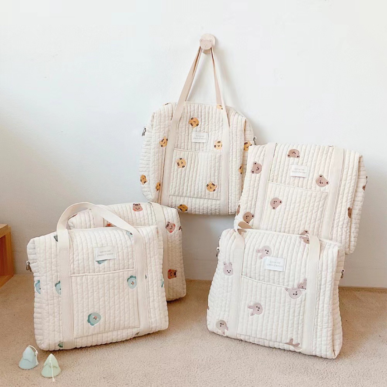 ins Korean Style Cotton Quilted Mummy Bag Tote Bag Zipper Large Capacity Baby Stroller Hanging Bag Diaper Finishing Bag