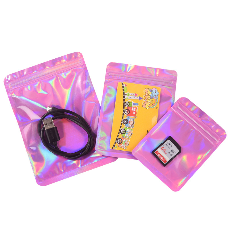 Pink Laser Self-sealing Bag Cute Jewelry Thickened Transparent Plastic Sealed Bag Beauty Makeup Lighter Packaging Bag small size