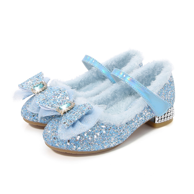 Girls Princess Shoes Women's Royal Blue Crystal Shoes Winter New Velvet Shoes Fashion Bow Elsa High Heels