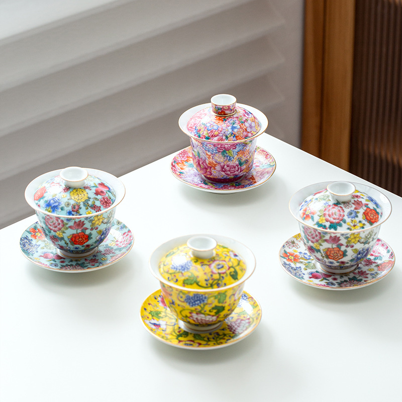 Enamel color Kung Fu Tea Set Cover bowl ceramic commercial women's tea making three-piece Cover bowl Holiday Gift Tea Bowl