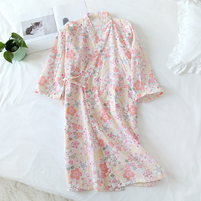Pajamas Women's Spring and Summer Japanese Kimono Cotton Printed Nightgown Thin Women's Lace-Up Bathrobe Summer Women's Home Clothes
