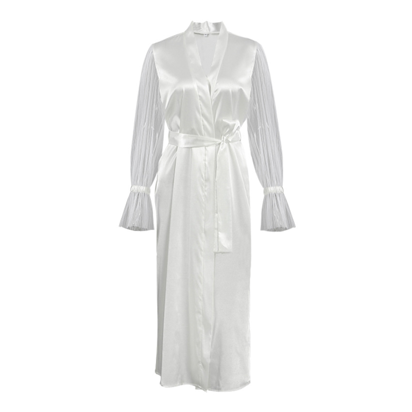 European and American Autumn Fashion Sexy Silk Loose Nightgown Mesh Long Sleeve Long Comfortable Breathable Women's Home Clothes