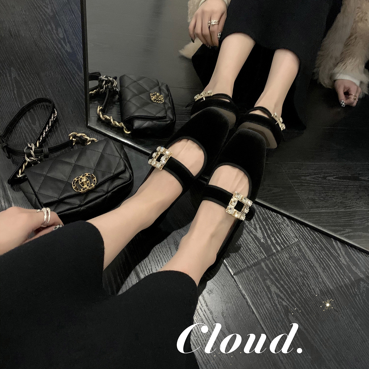 Grape mom Studiolee autumn and winter New Square head rhinestone square buckle with flat bottom Mary Jane shoes for women