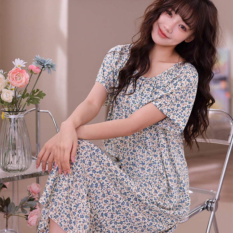 New Spring and Summer Women's Nightdress Full Cotton Cotton Silk Short Sleeve Fat Sister Skirt Generous Round Neck Flower Sexy Long Dress