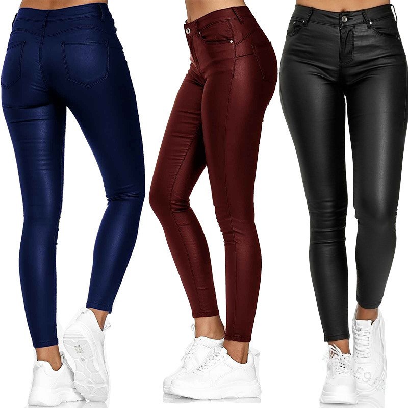 New independent station European and American women's Amazon high waist casual pants leggings foreign trade PU leather tights wholesale