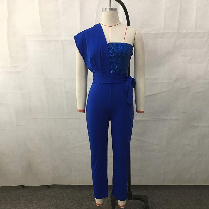 Cross-border European and American foreign trade printed jumpsuit solid color sleeveless belt decorative jumpsuit slim-fit stitching bead women's clothing