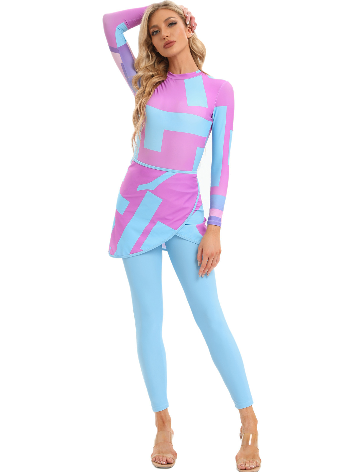 2023 new 3-piece Muslim swimsuit printed conservative Beach swimsuit + chest pad + apron gauze separate