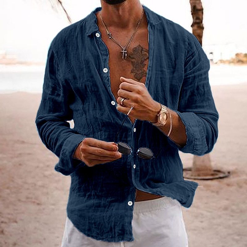 Cross-border Foreign Trade Supply Shirt Men's 2024 New Solid Color Loose Single-breasted Lapel Cotton Linen Long-sleeved Shirt