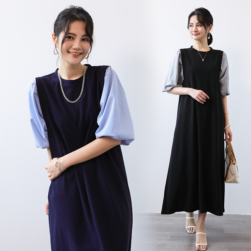Japanese Style Stitching Puff Sleeve dress Mid-length Loose Fake Two-piece Set Commuter Elegant Summer Round Neck dress