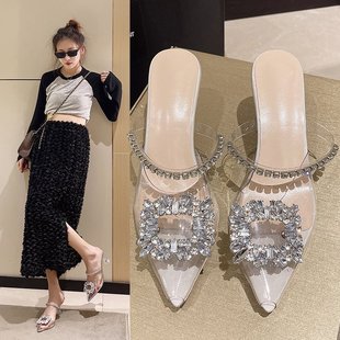 Pointed High-heeled Fashionable Outwear Sandals for Women 2023 Summer New Korean Style Rhinestone Sandals with Thin Heels