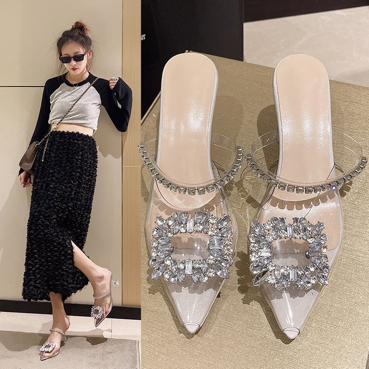 Pointed High-heeled Fashionable Outwear Sandals for Women 2023 Summer New Korean Style Rhinestone Sandals with Thin Heels