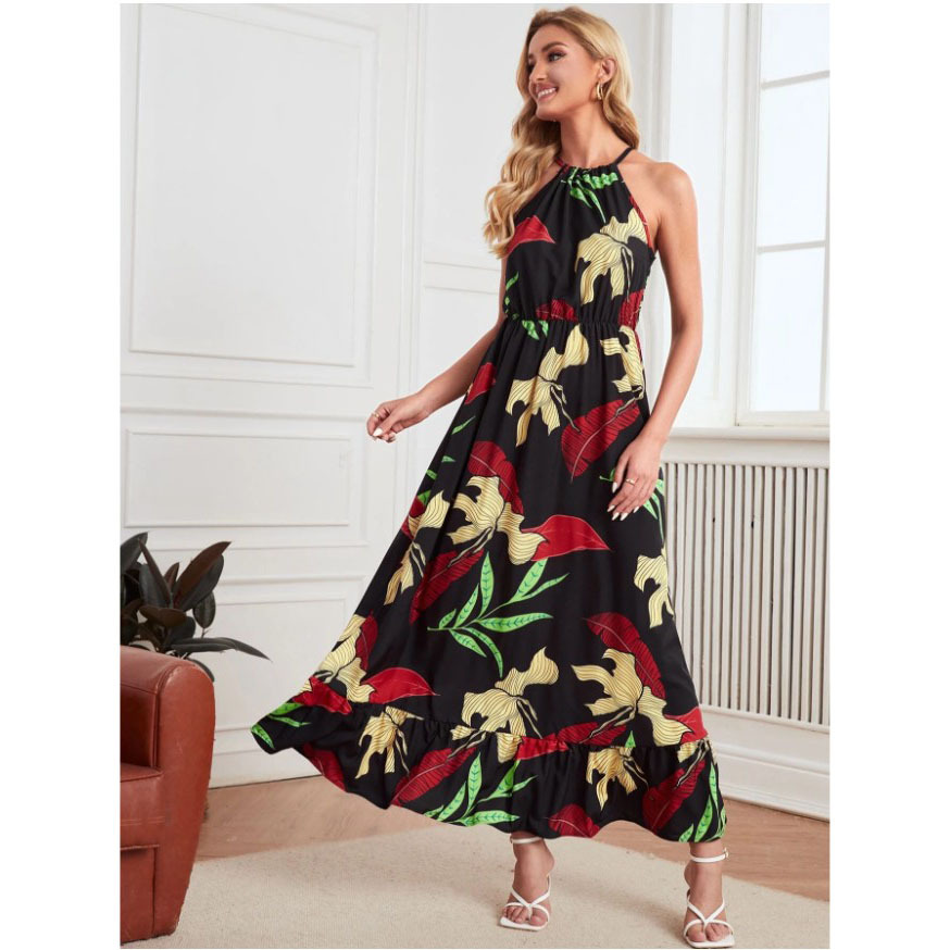 New printed ruffle hem neck dress holiday style printed dress sleeveless dress spot