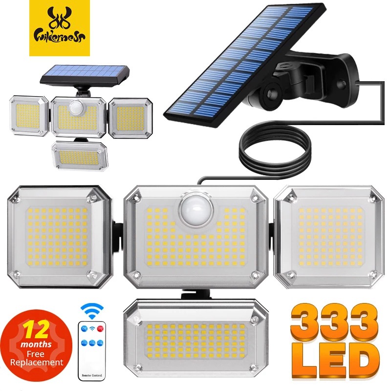 2022 new three-head LED solar wall lamp cross-border split solar garden lamp outdoor human body induction lamp