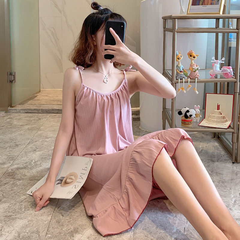 東南アジアのクロスボーダーのサスペンダーの寝スカートの女性の夏のセクシーな学生の大きいサイズのゆったりしているかわいいネットの王女の純色のパジャマ|undefined