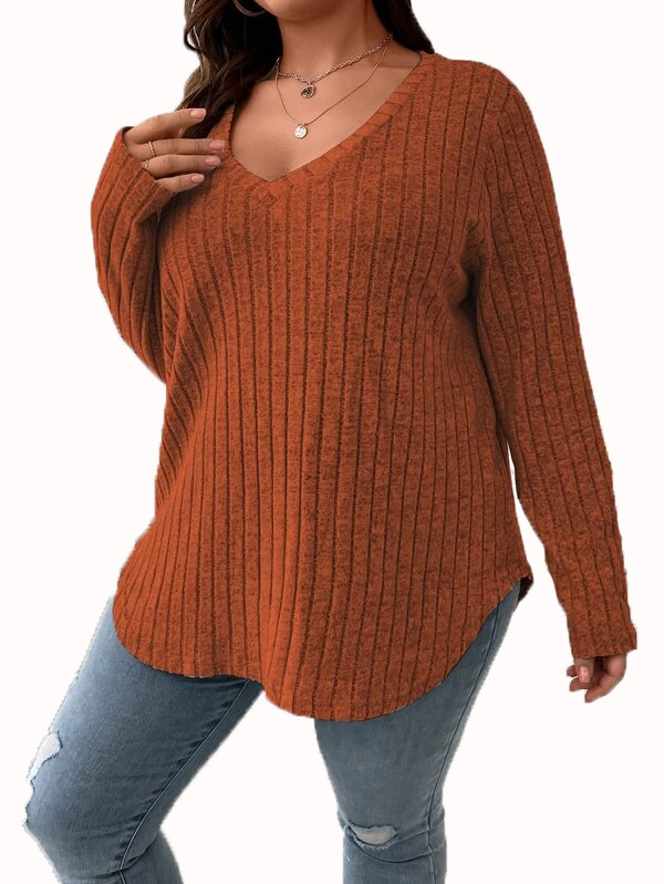 2024 Amazon autumn and winter new solid color plus size women's top V-neck long sleeve pit brushed T-shirt loose pullover