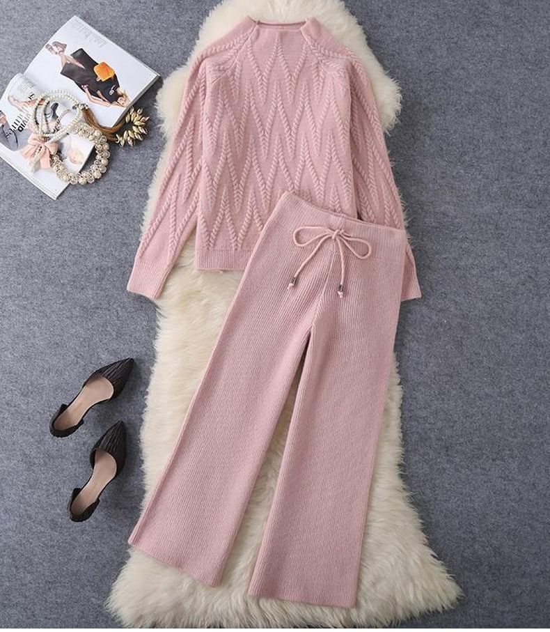2023 Autumn New Korean style style socialite fashion Western style knitted wool wide-leg pants two-piece set suit_voghion.com