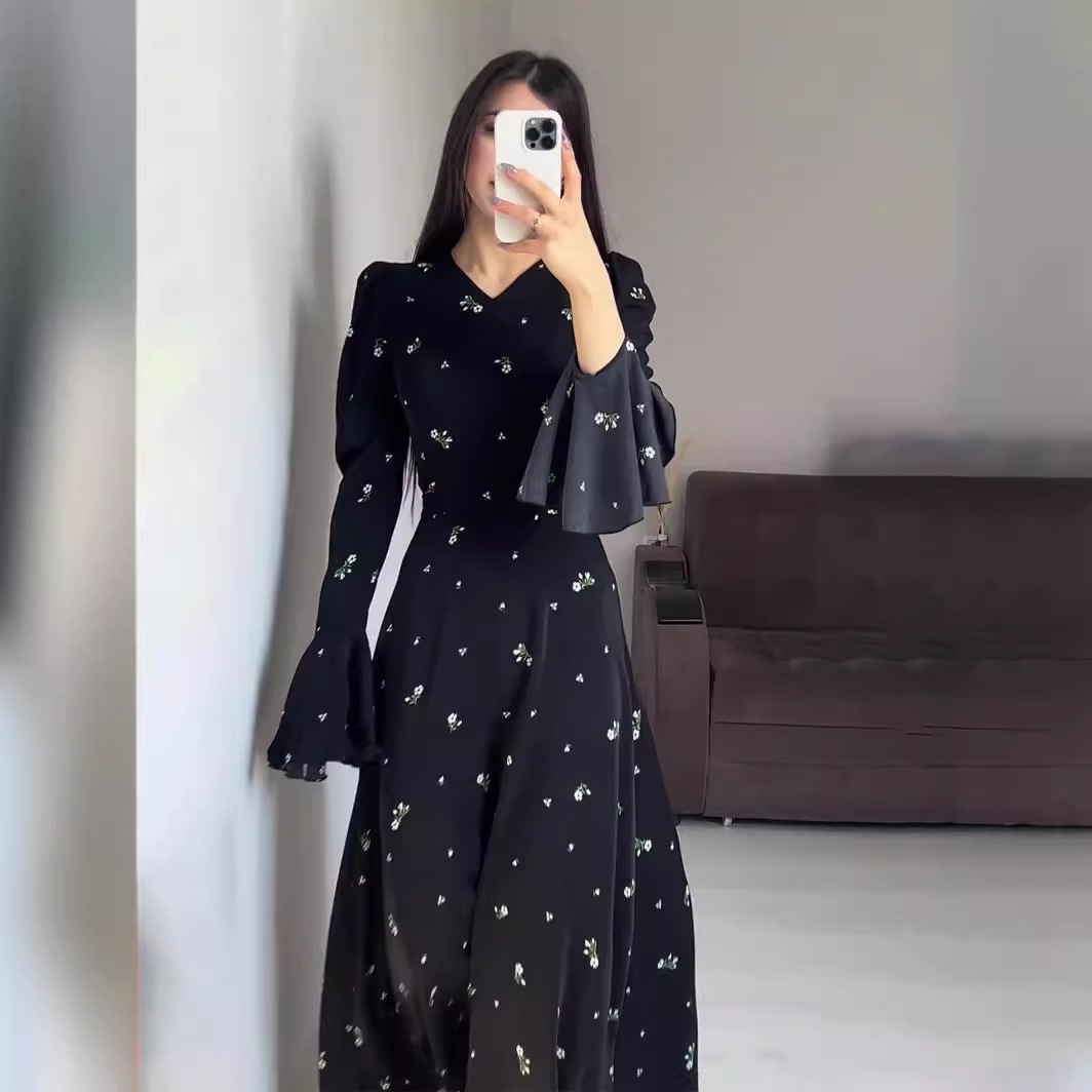 Middle East Amazon 2024 Spring New Lotus Leaf Sleeve Waist Floral Gentle Style Dress