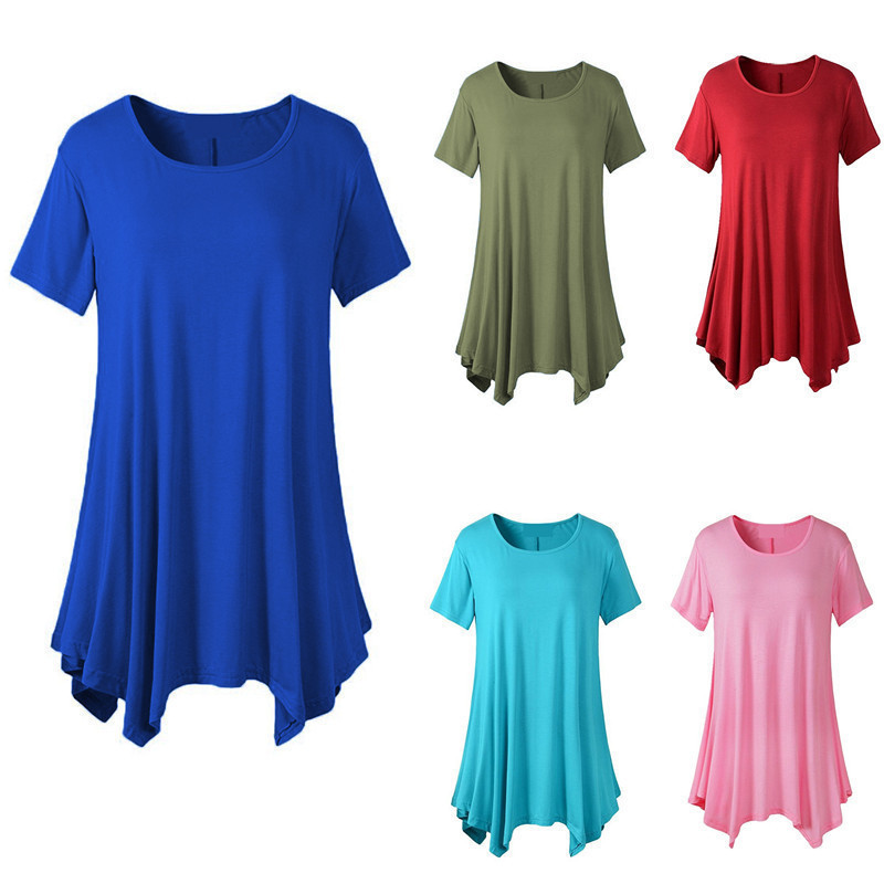 European and American Cross-border Trade eBay Large Size Women's Summer Mid-length Short-sleeved T-shirt Loose Round Neck Solid Color Base Shirt