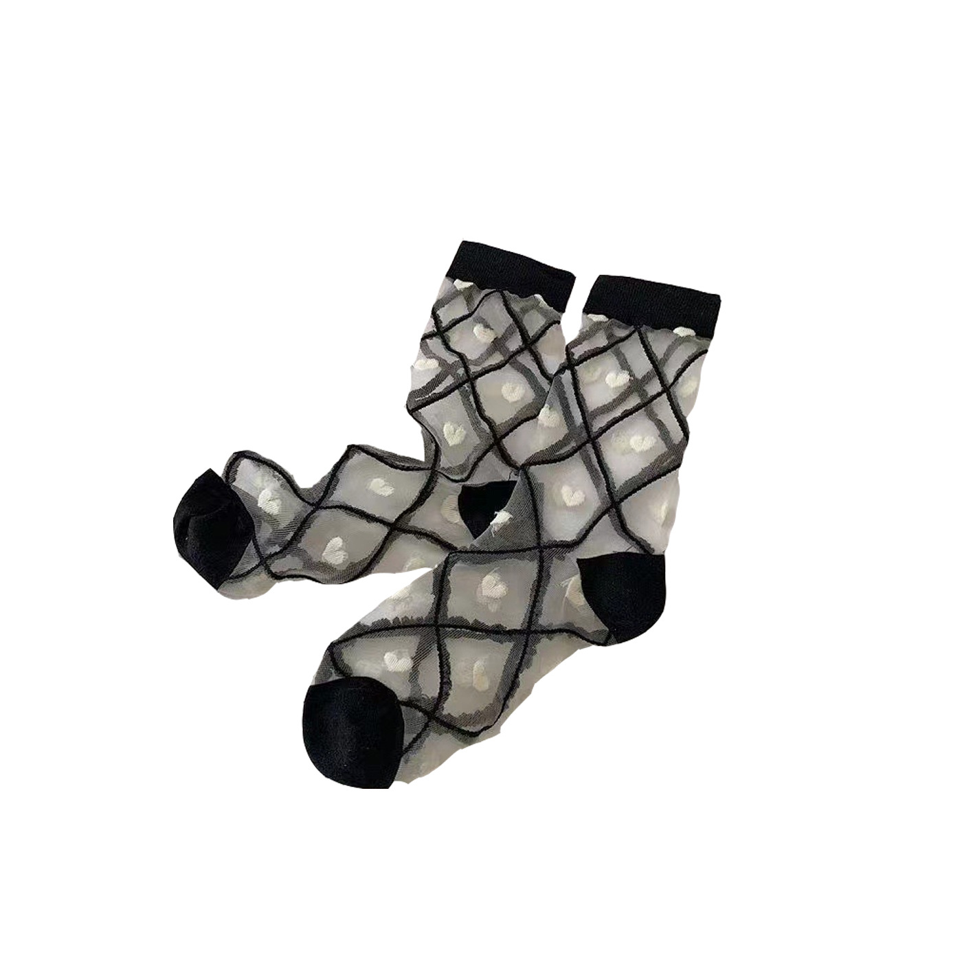 ins Calzini corti in seta di vetro sottile in bianco e nero estivi Calzini di media lunghezza da donna ins Calzini traspiranti alla moda con orecchie in legno di celebrità di Internet_voghion.com