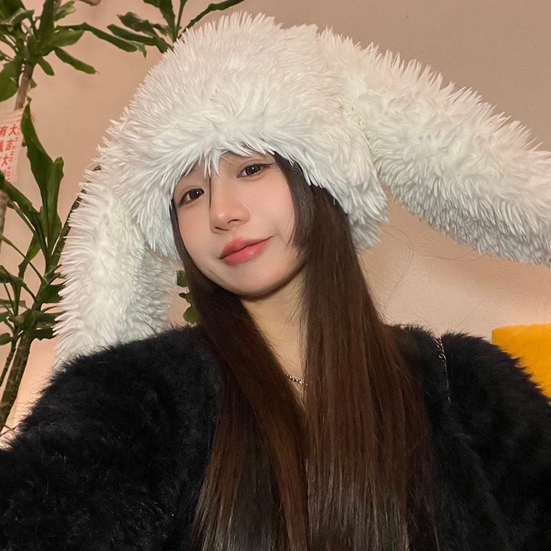 甜美可愛兔子耳朵毛絨帽子女冬加厚保暖防寒網紅個性護耳包頭帽潮