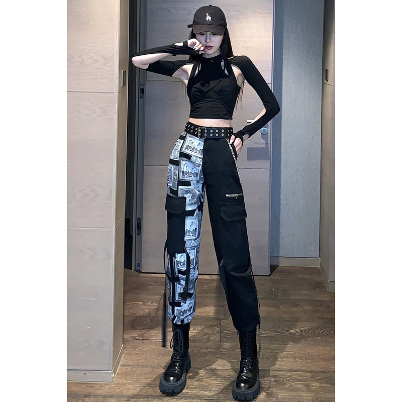 2023 New Sports Leg Tooling Pants Women's Summer High Waist Straight Loose Hip-Hop Slimming Wide Leg Casual Pants