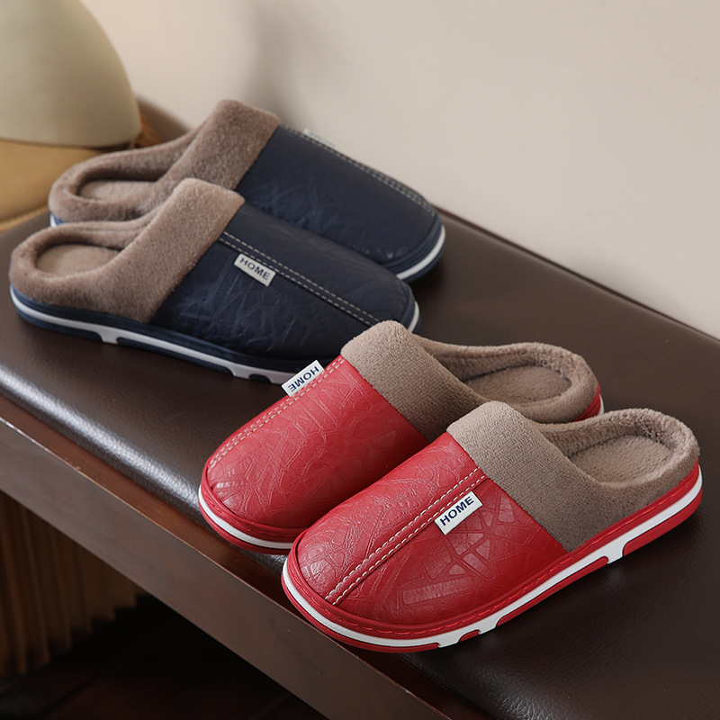 Cotton slippers Women's Home flat heel couple's men's and women's slippers cotton shoes indoor plus size PU warm thick bottom plush autumn and winter