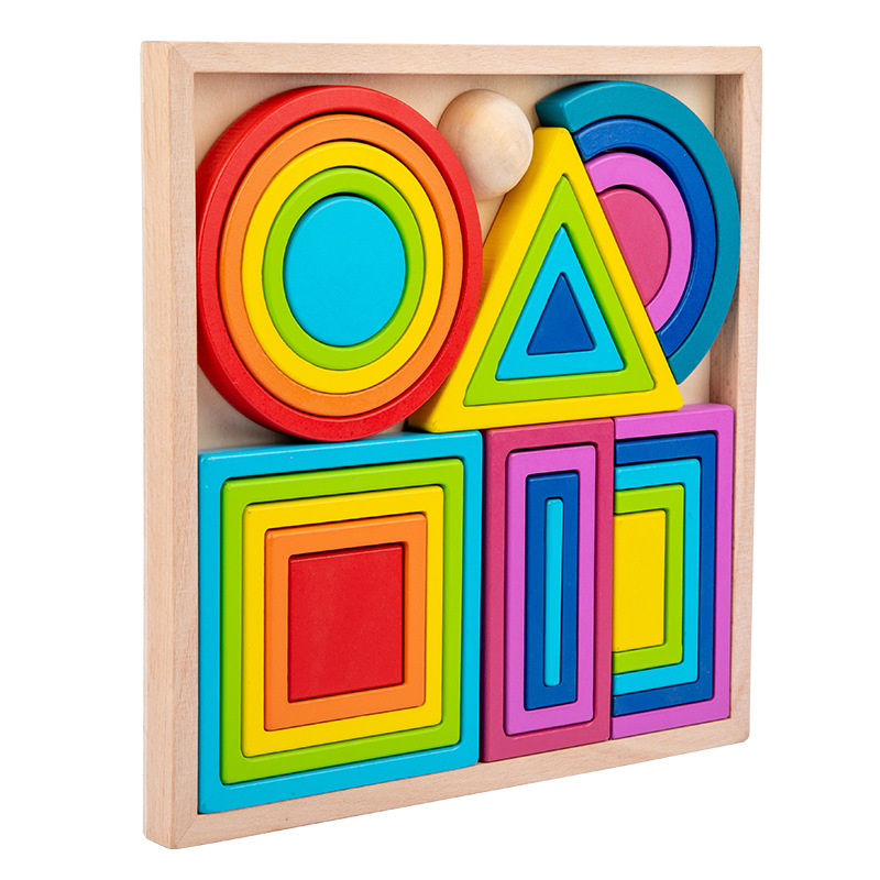 Cross-border New Wooden Box Frame Rainbow Matching Building Blocks Foreign Trade Geometric Stacked Tower Size Wooden Toddler Toddler Toy