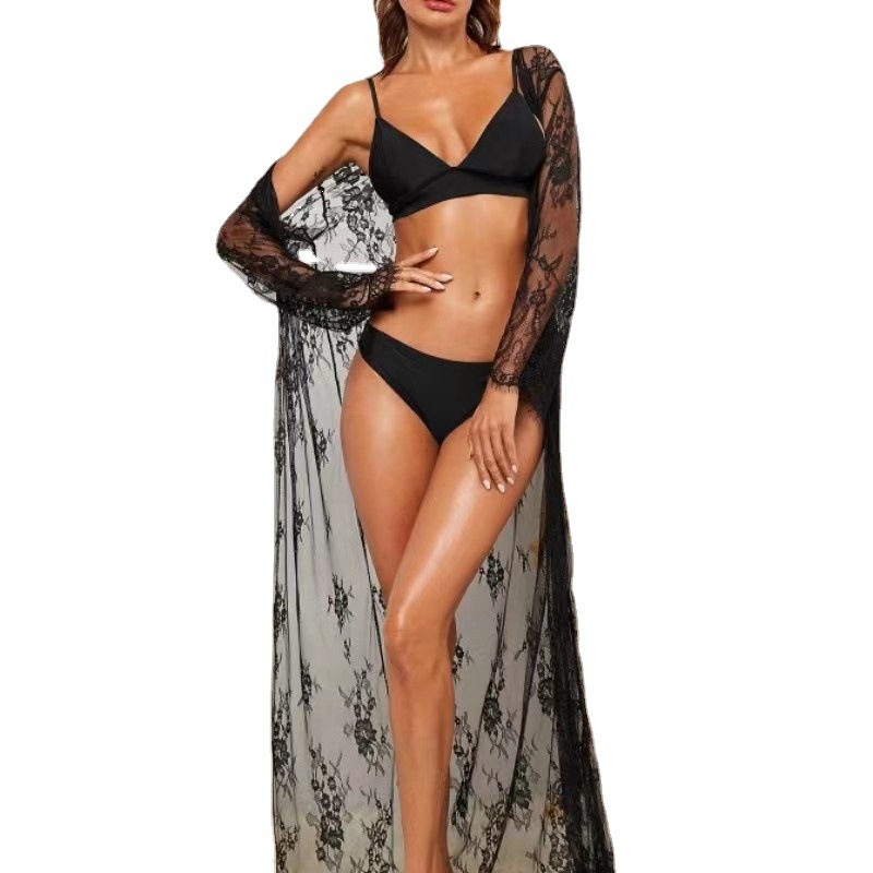 Cross-border Foreign Trade Sexy Flirting Lace Lace Nightgown Perspective Temptation Home Clothing Lace-up Bathrobe Morning Gown A1686