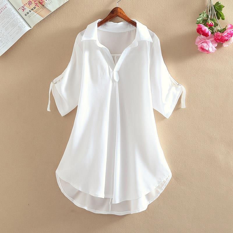 Mid-length short-sleeved chiffon shirt for women 2023 Summer New plus size loose waist slimming chiffon top for women fashion