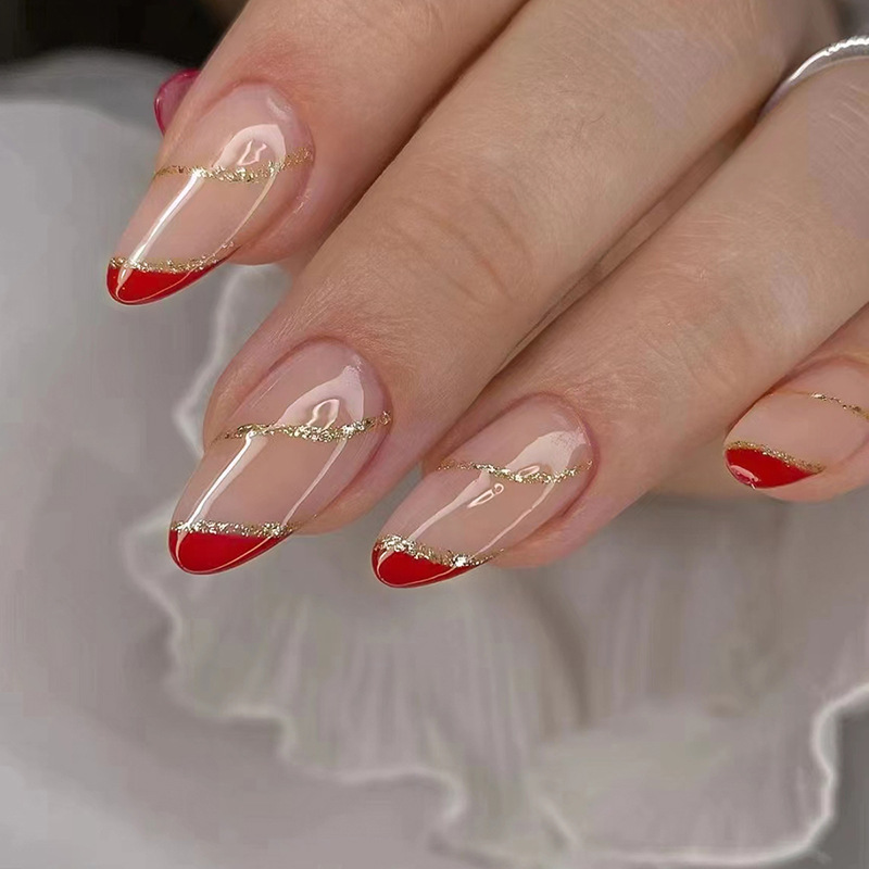 甜美爆閃杏仁甲圓頭美甲閃粉波紋紅色斜三角假指甲成品批發nails